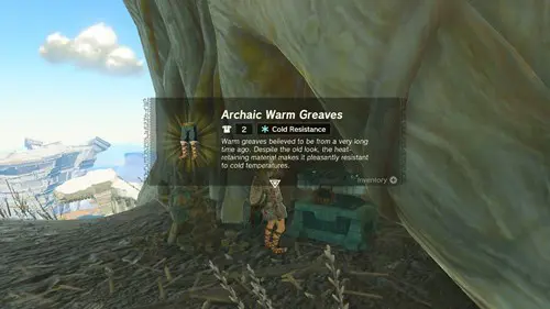 Link opens a chest to find the Archaic Warm Greaves in The Legend of Zelda: Tears of the Kingdom