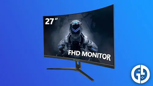 A 27" FHD monitor on a blue background