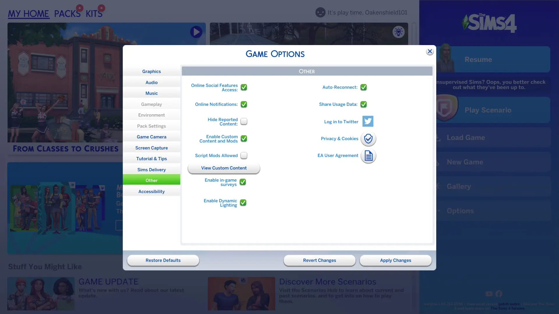 Game options to enable mods in The Sims 4