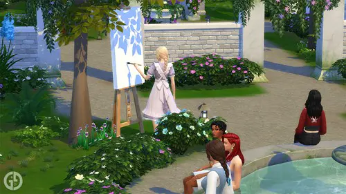 Image of Disney Princesses sitting around a fountain with Rapunzel painting