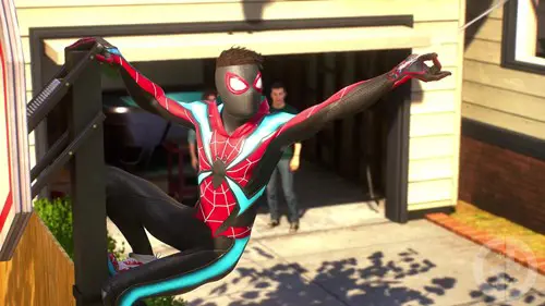 Miles swinging away in his evolved suit at the end of Marvel's Spider-Man 2