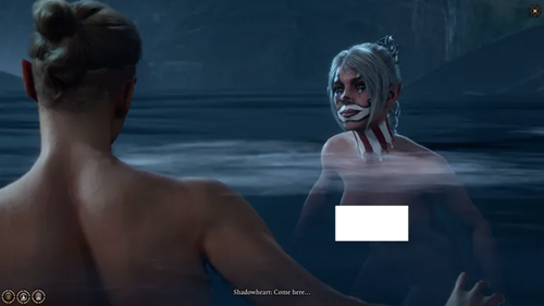 Shadowheart in clown makeup skinny dipping in Baldur's Gate 3.