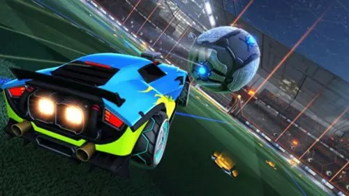 A Rocket League car chasing the ball