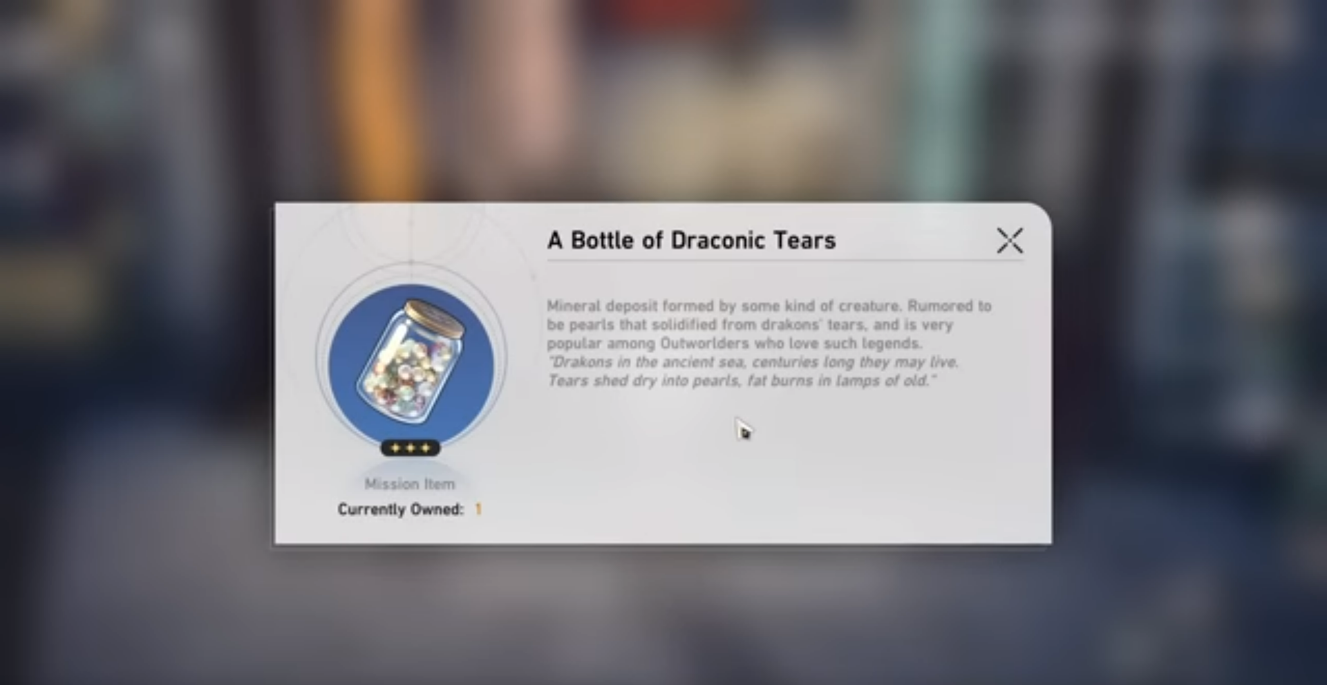 Image shows in-game text describing the Bottle of Draconic Tears in Honkai; Star Rail