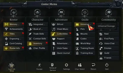 Lost Ark Universal Storage Missing