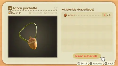 An Acorn pochette in Animal Crossing: New Horizons