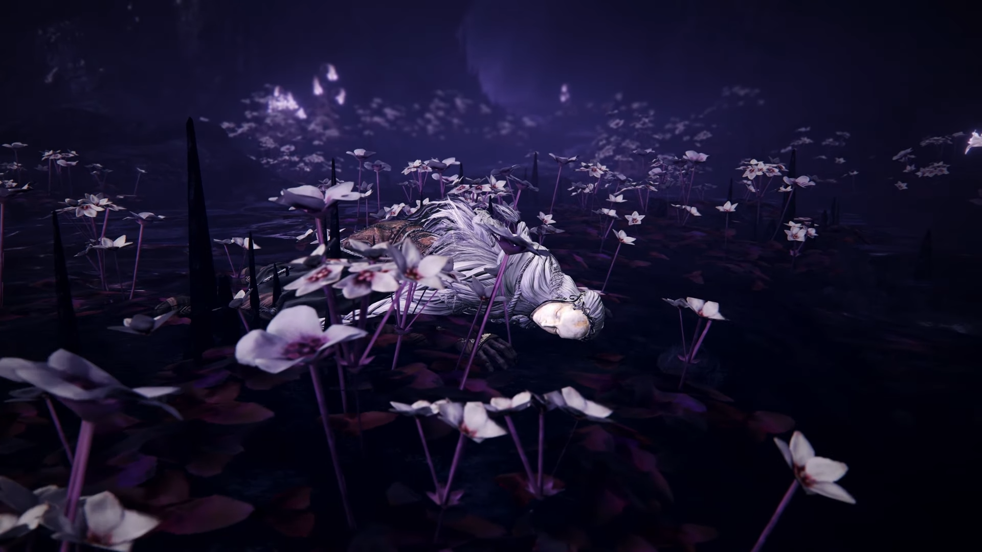 Image of a masked character lying in a field of flowers in Elden Ring Shadow of the Erdtree