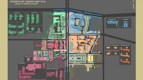 Streets of Tarkov map, with Kaban's location marked in Escape From Tarkov