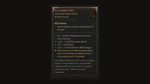 The item card for the Flickerstep boots in Diablo 4