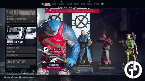 The Squad menu in Suicide Squad KTJL, where you can swap characters while playing online