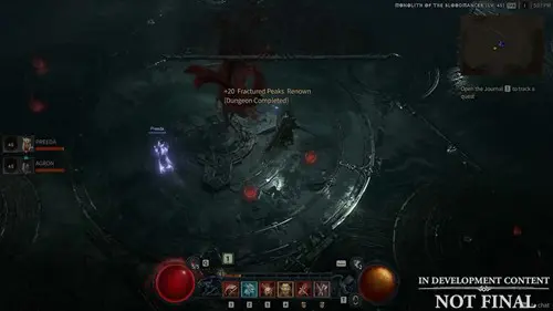 an image of Diablo 4 gameplay showing a character earning Renown for completing a side dungeon