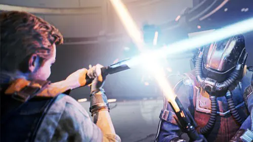 Key art from Star Wars Jedi: Survivor showing a lightsaber clash