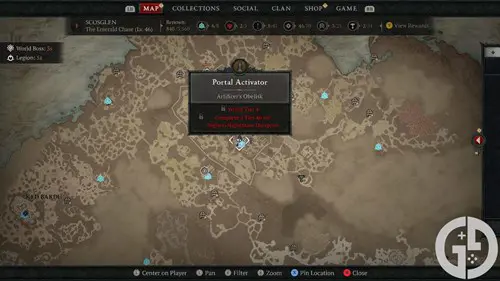 Map showing the location of the Portal Activator in Diablo 4