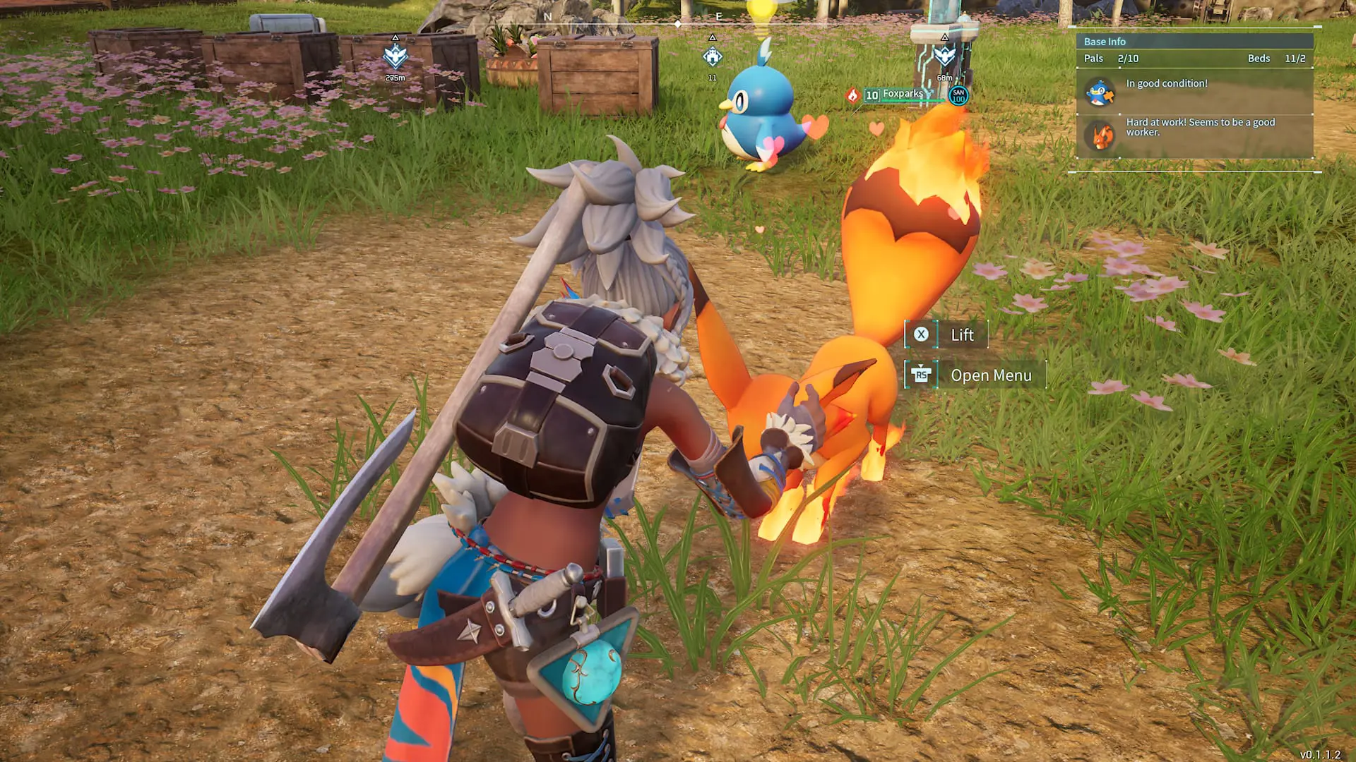 palworld player petting their foxparks, an orange foox with a firey tail