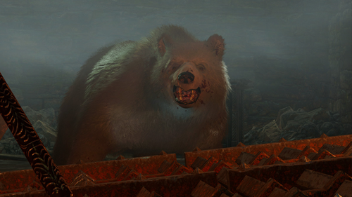 A bear from Baldur's Gate 3, bloodied around the mouth and snarling.