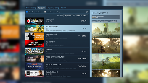 The Top Sellers in the Steam Chart, topped by Helldivers 2.