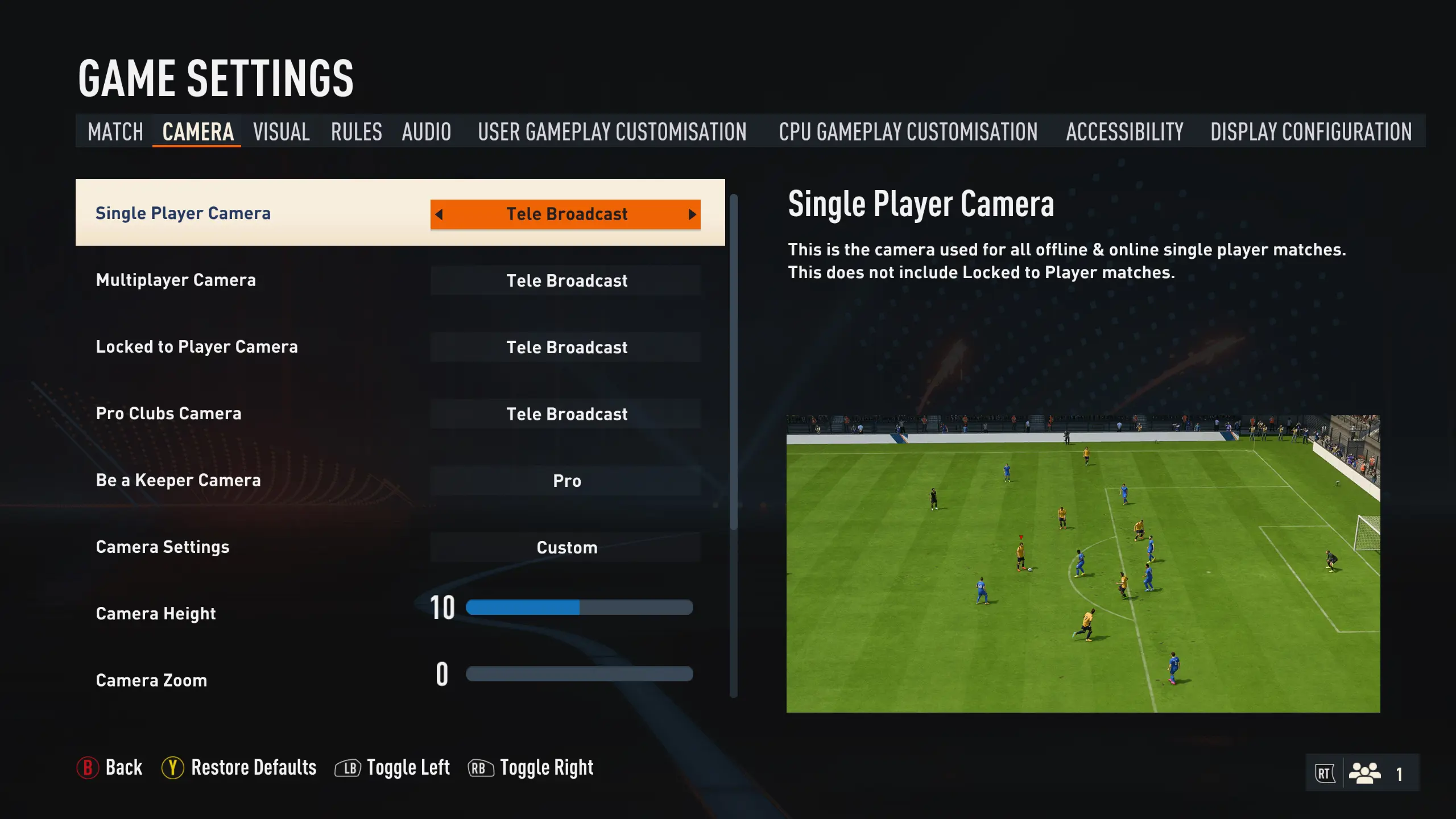 Screenshot of the camera settings menu in FIFA 23