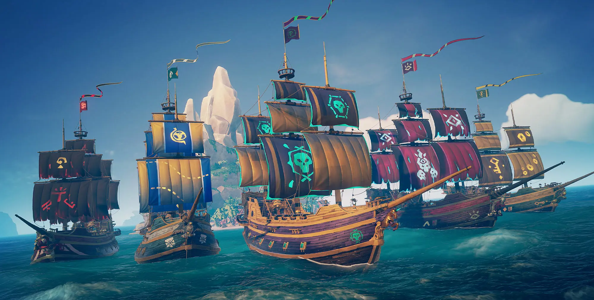 Sea of Thieves ships sailing in a fleet