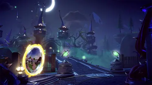 A spooky looking castle in Disney Dreamlight Valley at night