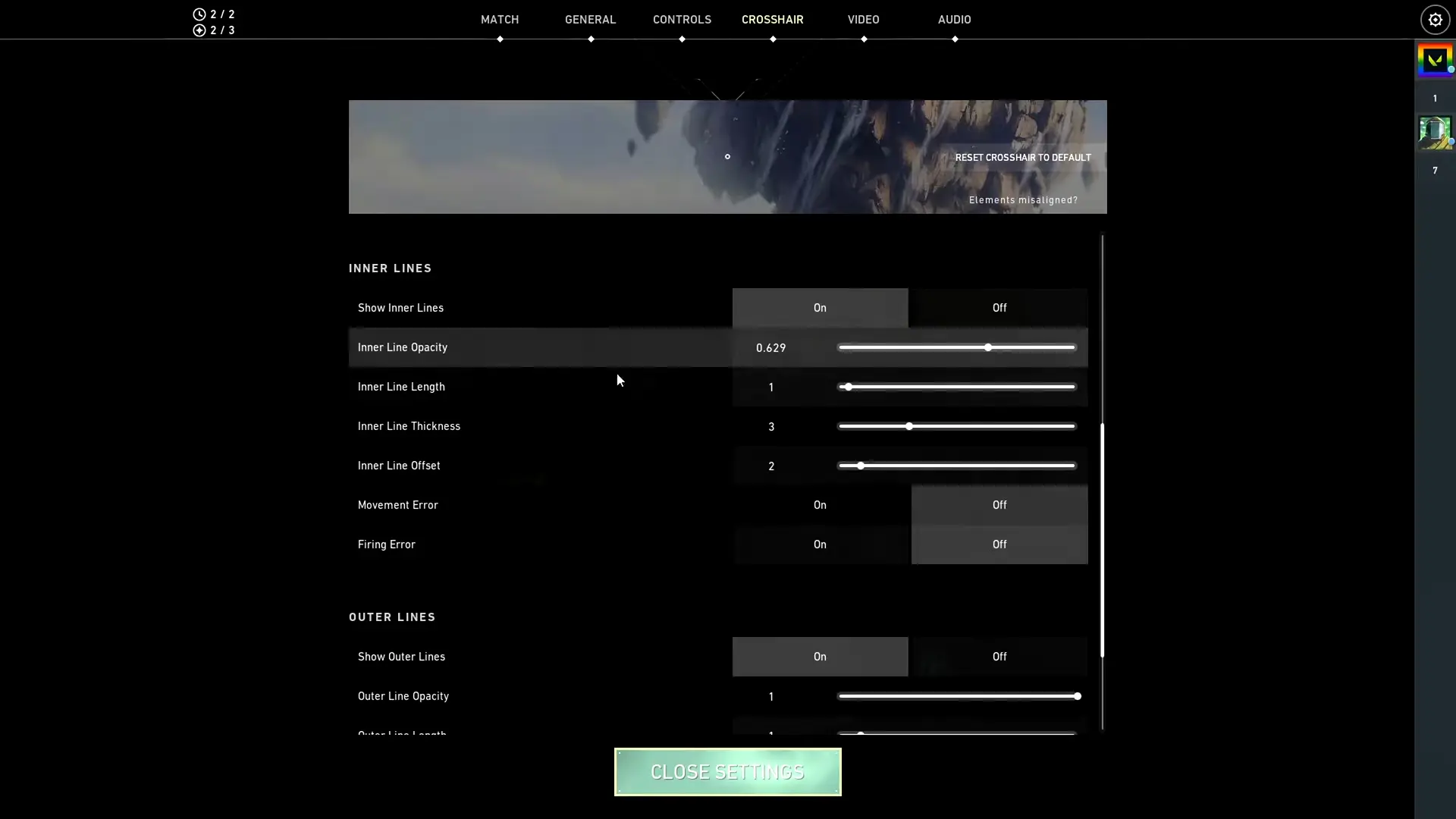 The settings menu in VALORANT showing you how to create a circle crosshair