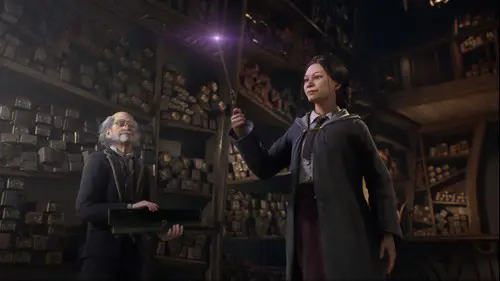 A student gets her wand in Hogwarts Legacy.