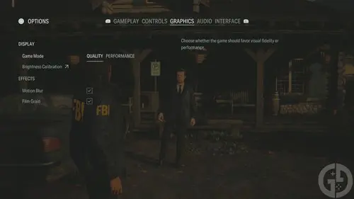 The options menu in Alan Wake 2, where you can swap between Quality and Perfomance mode