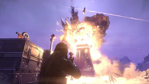 An explosion erupts in front of a fighter in Helldivers 2.