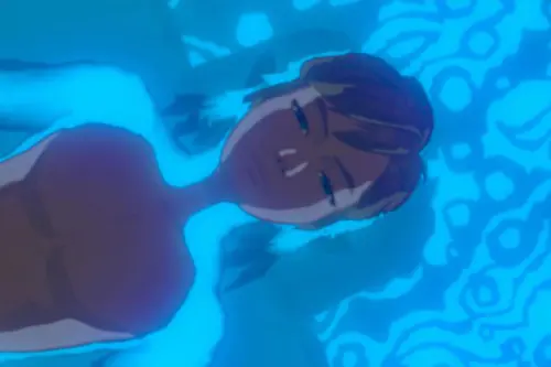 Link lying in a shallow pool of water in Zelda: Breath of the Wild