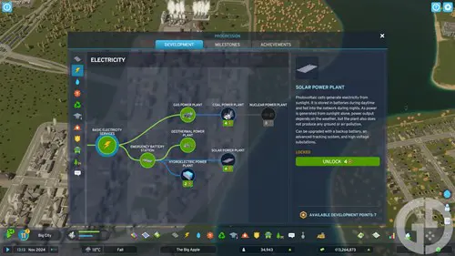 Image of the electricity development nodes, including the Solar and Nuclear Power Stations in Cities Skylines 2