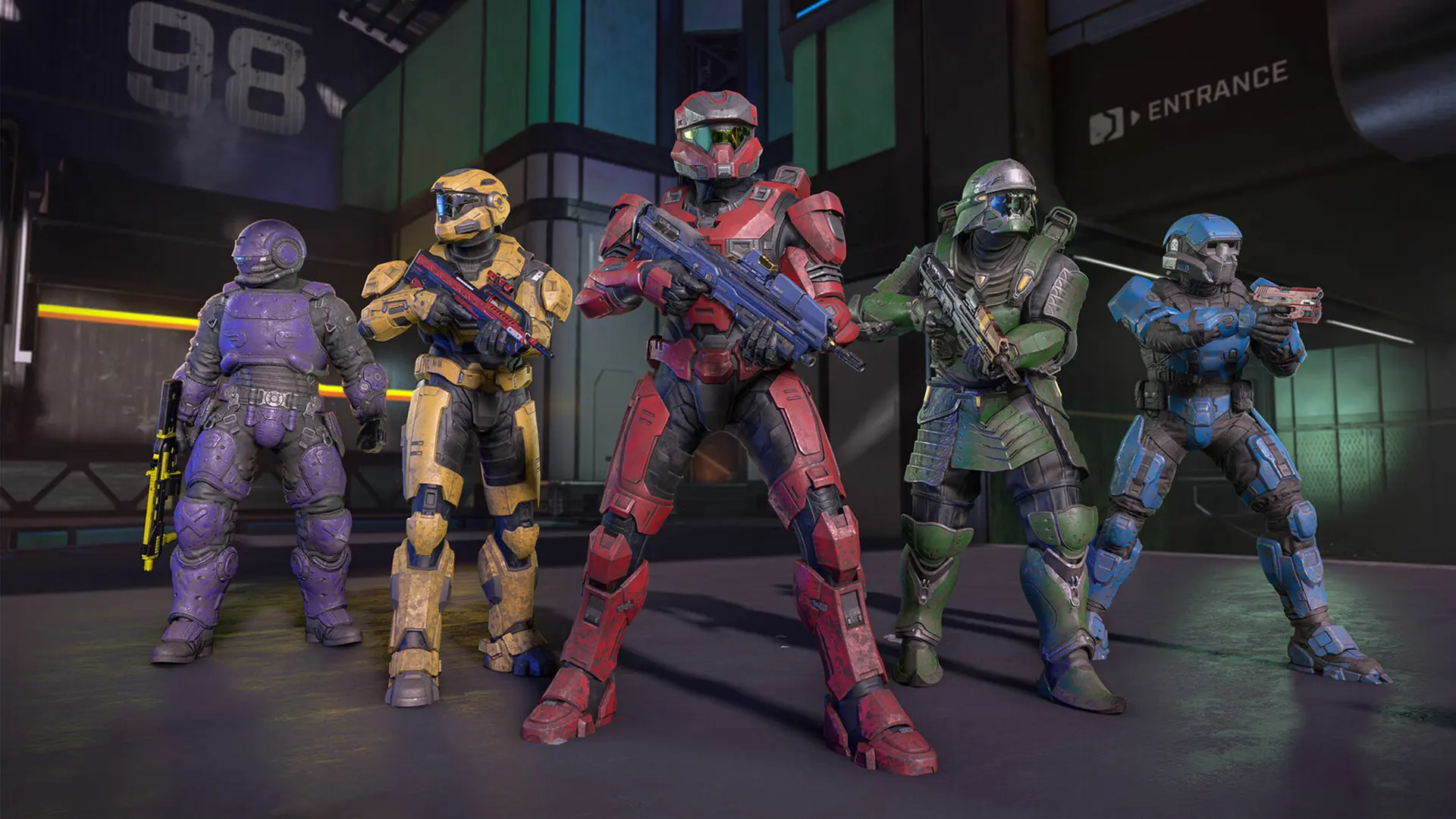 A multi-coloured squad of Spartans in Halo Infinite