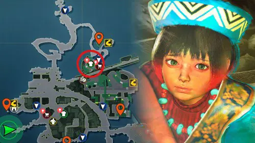 Yua in Street Fighter 6 World Tour, beside a map of Nayshall with her location circled