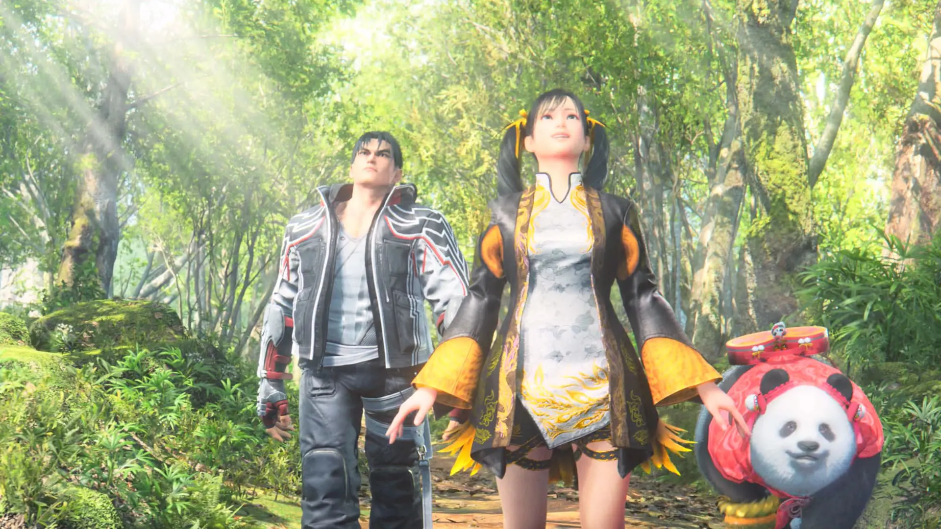 jin, a lady, and a panda from tekken 8 strolling through woods as sun dapples through