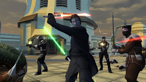 A Jedi in Knights of the Old Republic, swinging a lightsaber.