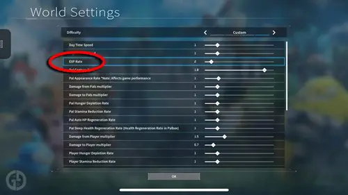 The EXP Rate option in Palworld's World Settings