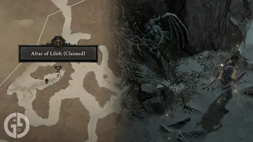 An Altar of Lilith in Diablo 4 and its location on the map