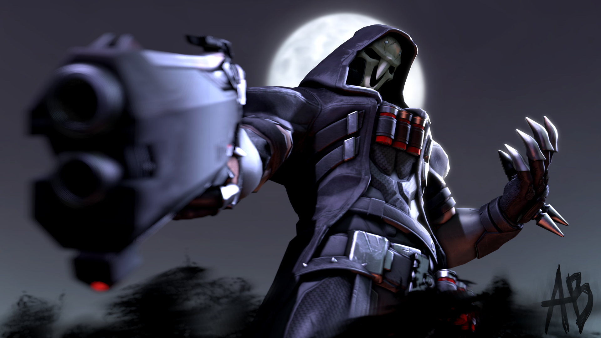 Reaper in Overwatch 2 with the moon behind him