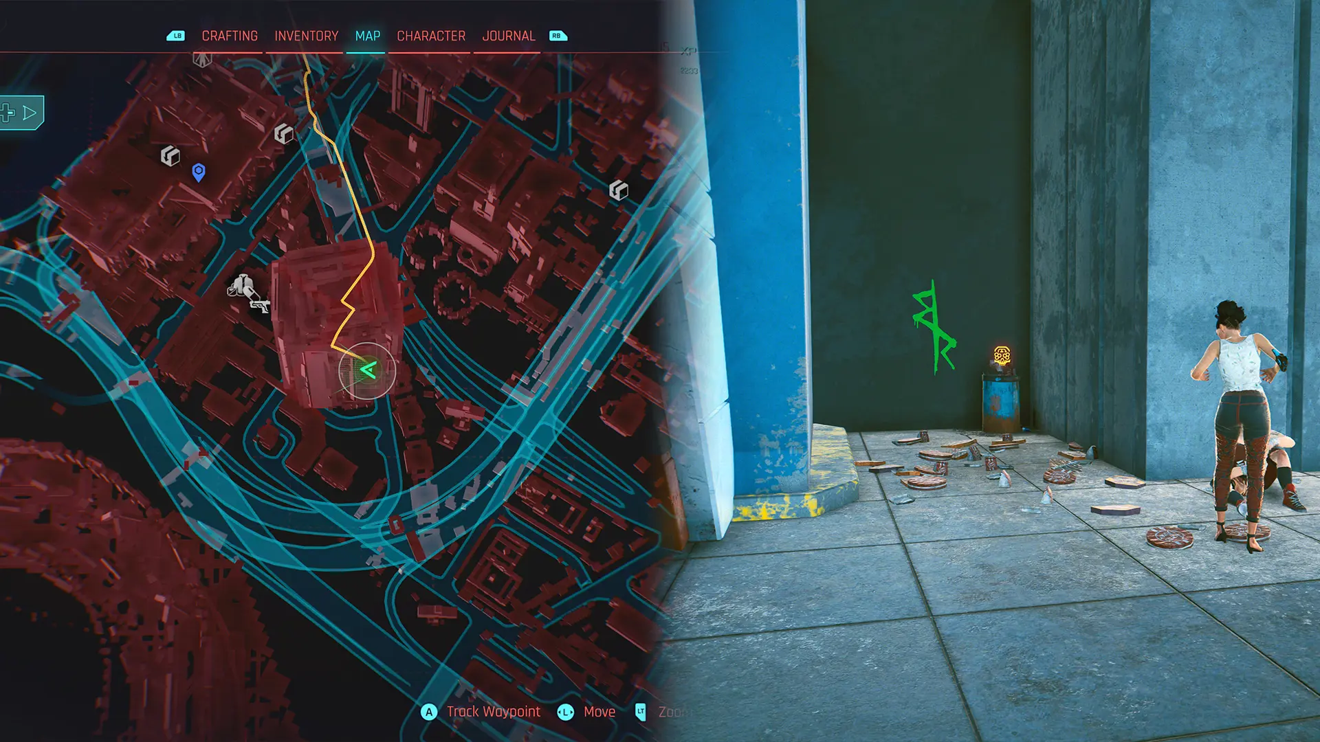 The map location for David's Jacket quest in Cyberpunk 2077. It is marked by the distinctive Edgerunner logo.