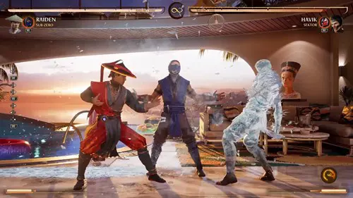 Sub-Zero as a Kameo Fighter freezing an opponent in Mortal Kombat 1