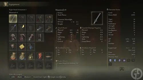 Equipment screen in Elden Ring showing items for the Samurai build