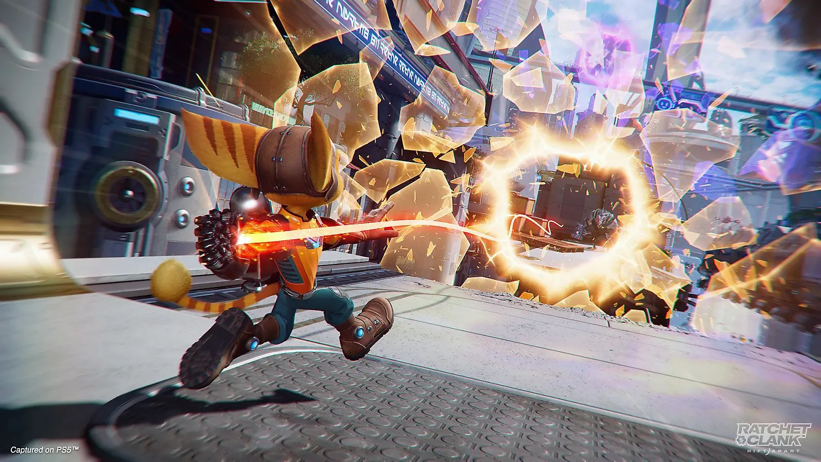 Key art of Ratchet going through a portal in Ratchet and Clank: Rift Apart