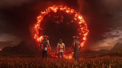 Liu Kang, Kung Lao and Raiden approaching a portal in MK1