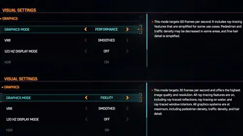 The graphics menu in Spider-Man 2, showing both the Performance and Fidelity options