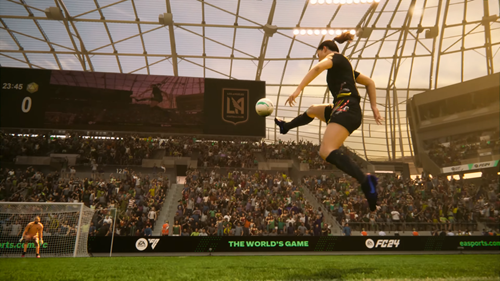 A player soaring through the air in EA Sports FC 24.